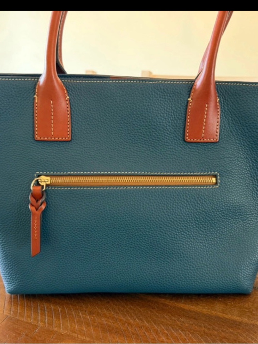 Dooney & Bourke Teal Pebbled Leather Tote with Brown Handles - Picture 2 of 8